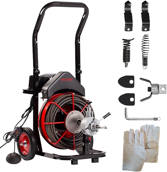 100FT x 1/2 inch Electric Drain Washer, Sewer Spiral Automatic Feed Portable by PRETTOWER