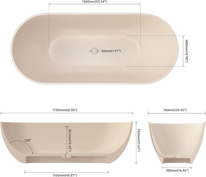 69" Premium Cream Stone Resin Solid Surface Free Standing Bathtub, Unique Matte - Image 7
