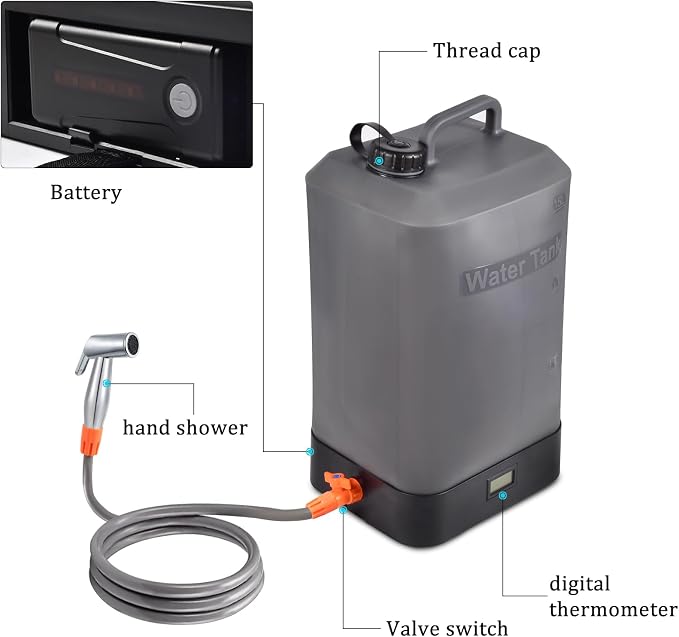 B. TAWD 4.5 Gallon Silicone Water Tank, Portable Camping Shower, USB Battery - Image 5