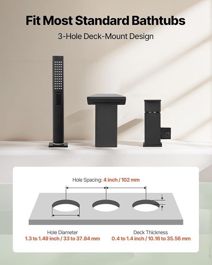 VEVOR Roman Tub Faucet, 3 Hole Waterfall Bathtub Faucet, Roman Bathtub Faucets - Image 3