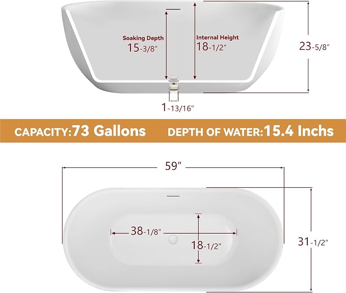 59" Free Standing Tub, Pure Acrylic Freestanding Bathtub, Stylish Stand Alone - Image 7