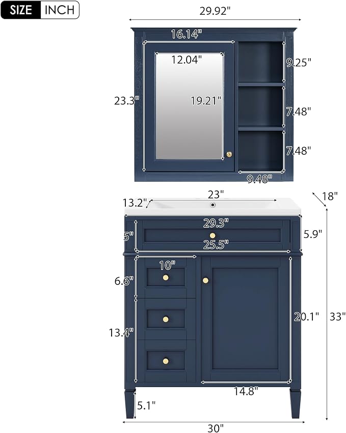 30" Bathroom Vanity with Matching Medicine Cabinet, Modern Sink Storage Cabinet - Image 2