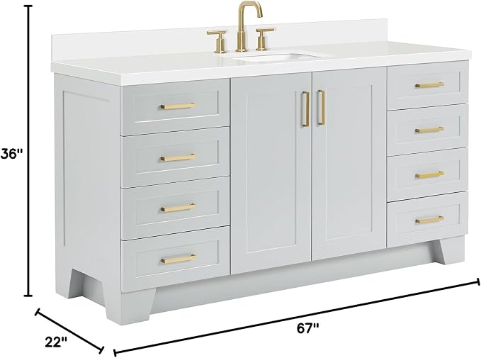 ARIEL Taylor 67" Grey Bathroom Vanity, 1.5" Edge Pure White Quartz Countertop & - Image 3