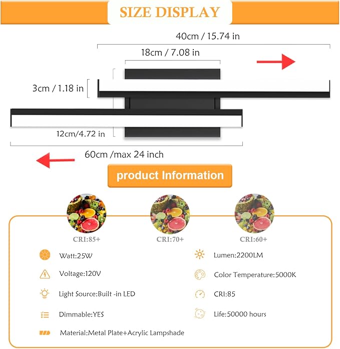 24 inch Bathroom Vanity Light-Bathroom Light Fixtures/Lighting Adjustable 25W - Image 2