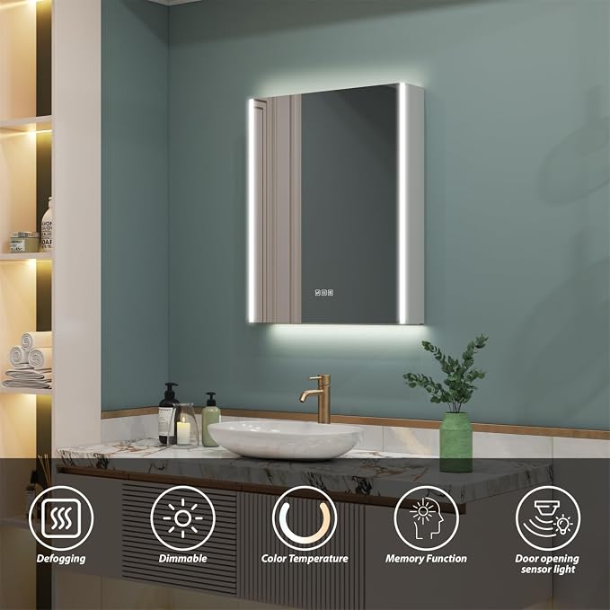 WELLFOR 24" x 30" LED Mirrored Bathroom Cabinet, Mirror Medicine Cabinet - Image 3