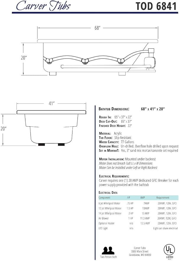 Carver Tubs - TOD6841 - Modern Acrylic Fiberglass Whirlpool Tub Water Massage - Image 6