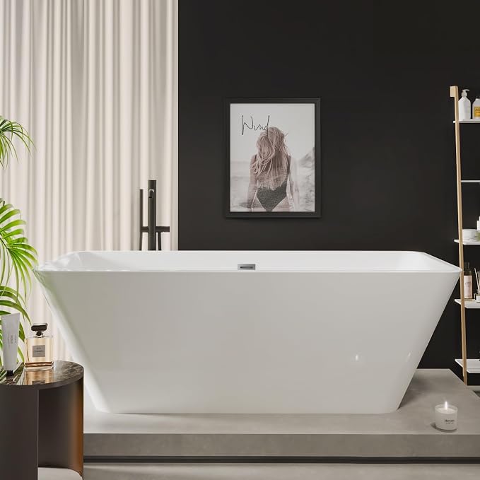 66" Freestanding Bathtub, Acrylic Soaking Tub, Chrome Overflow & Drain by Unknown
