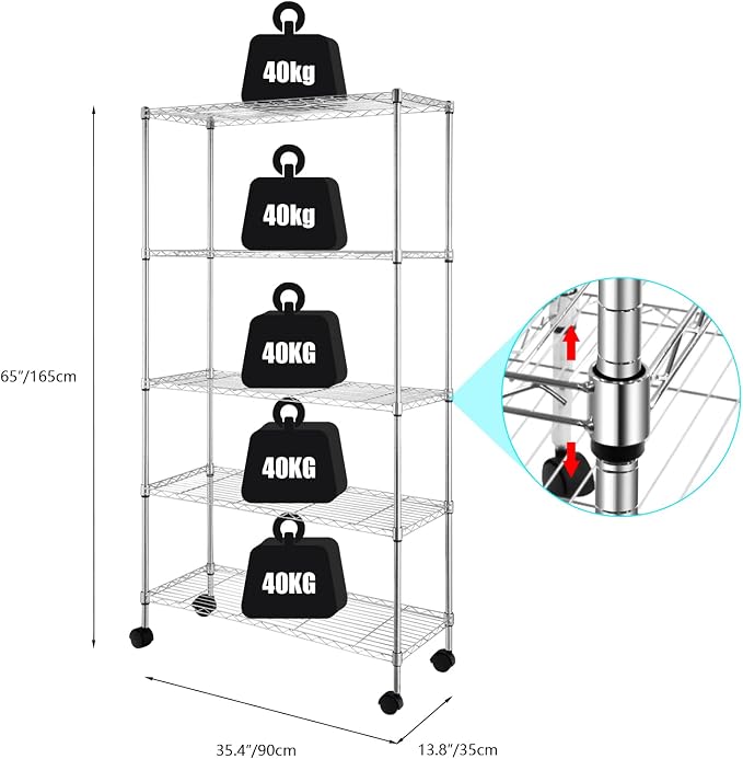 5 Tier Storage Racks Shelving, Heavy Steel Pantry Shelves, Adjustable Wire - Image 2