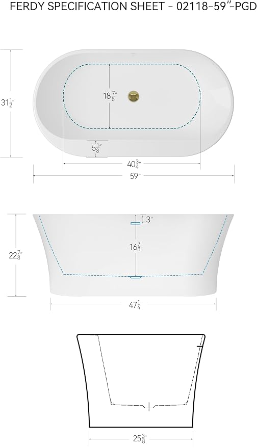 FerdY Mauritius 59" Acrylic Freestanding Tub, Oval Contemporary Soaker Tub - Image 7