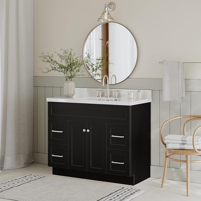 ARIEL Hamlet 43 Inch Single Sink Bathroom Vanity in Black, 1.5" Edge Quartz Top - Image 3