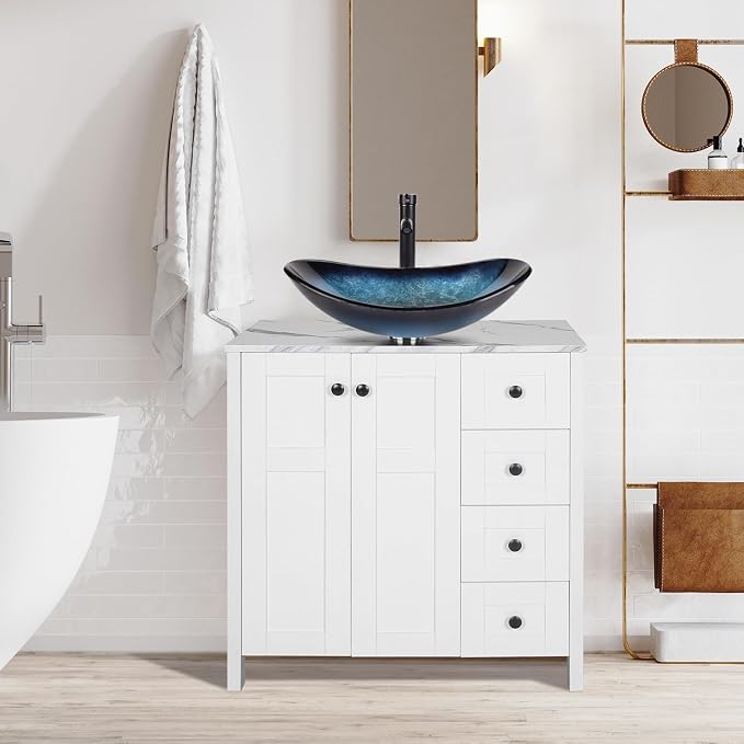 32" White Bathroom Vanity with Engineered Wood Marble Texture Top and 4 Drawers by Solidee