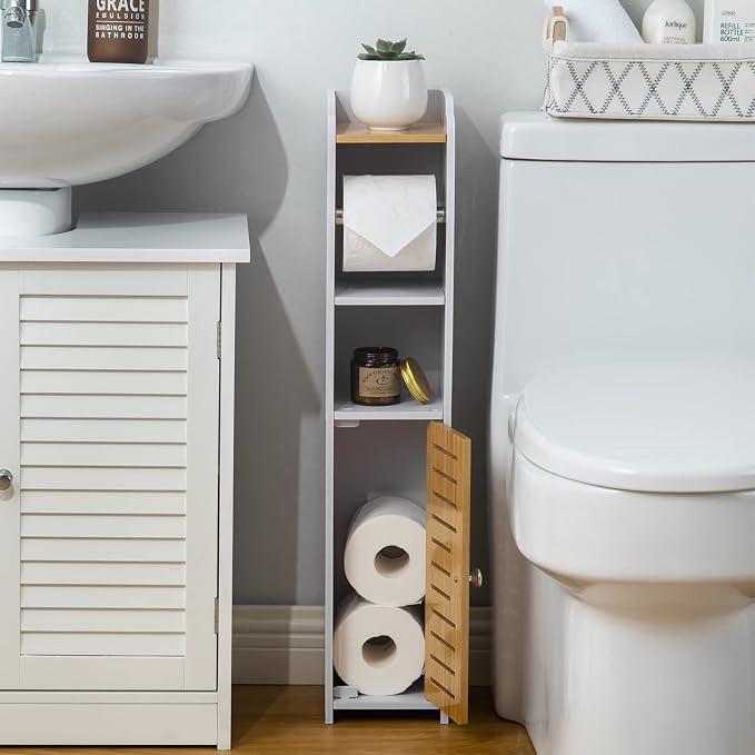 AOJEZOR Toilet Paper Holder Stand: Small Bathroom Storage Cabinet- White&Bamboo - Image 3