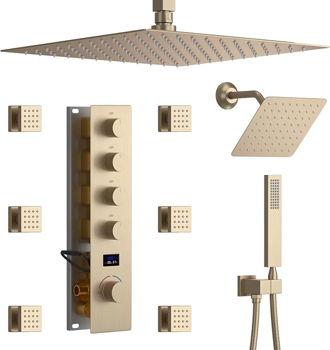 Shower Faucet Set Brushed Gold Shower System, Temperature Display Shower Faucet by KATAIS