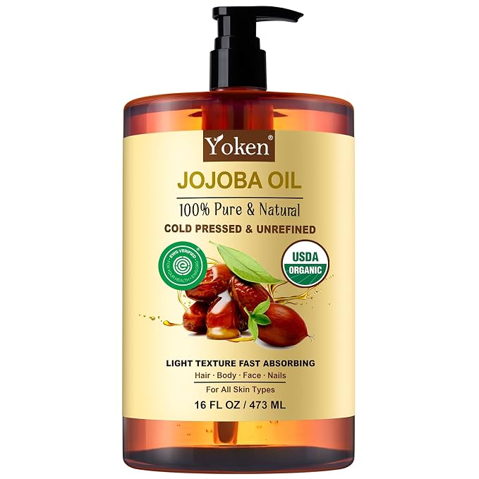 Pure Jojoba Oil Organic USDA Certified 16 fl oz, 100% Natural Jojoba Oil by Yoken