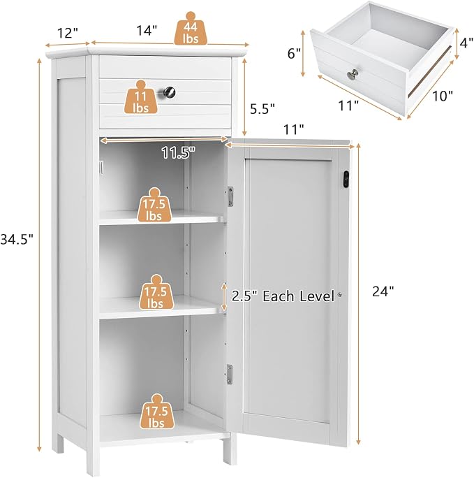 COSTWAY Bathroom Storage Cabinet, Single Door Floor Cabinet - Image 3