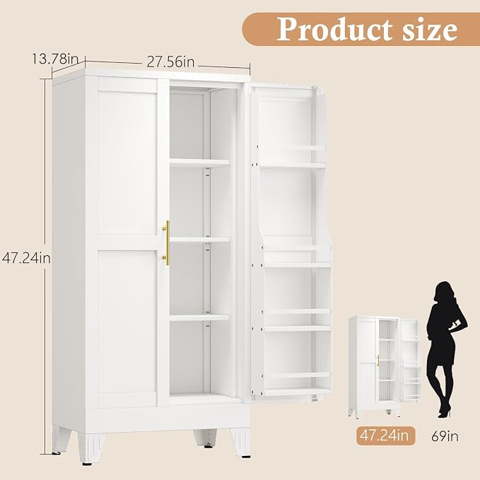 48" H Metal Kitchen Pantry Storage Cabinet, Freestanding Cupboard Storage - Image 3