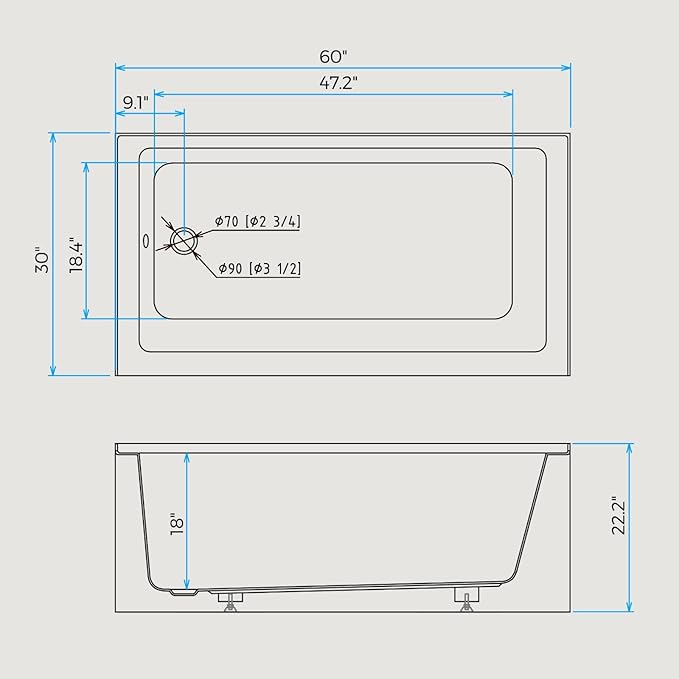 60x30 Inch Acrylic Bathtub, Single Apron Alcove Soaking Tub - Image 2