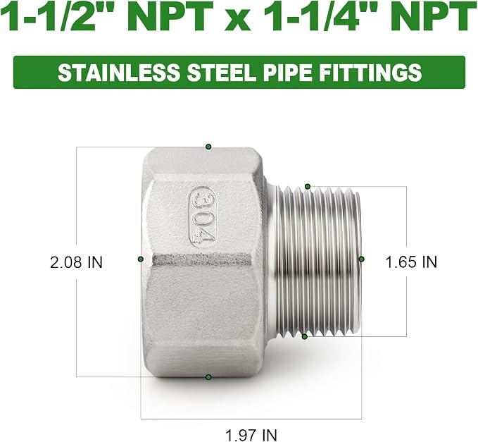 TAISHER 2PCS 304 Stainless Steel Pipe Fitting, 1-1/4" NPT Male x 1-1/2" NPT - Image 2