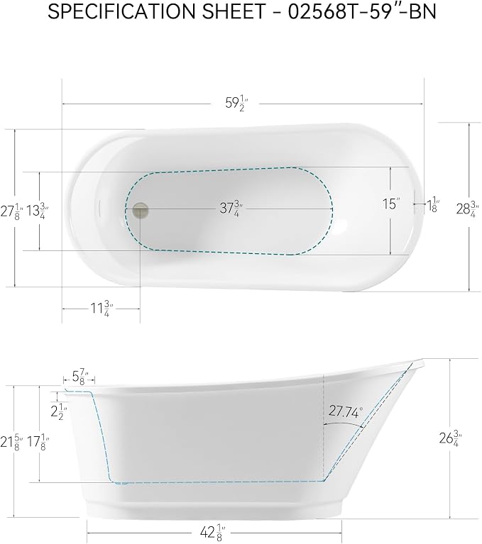FerdY Langkawi 59" Acrylic Freestanding Bathtub, cUPC Certified, Brushed Nickel - Image 5