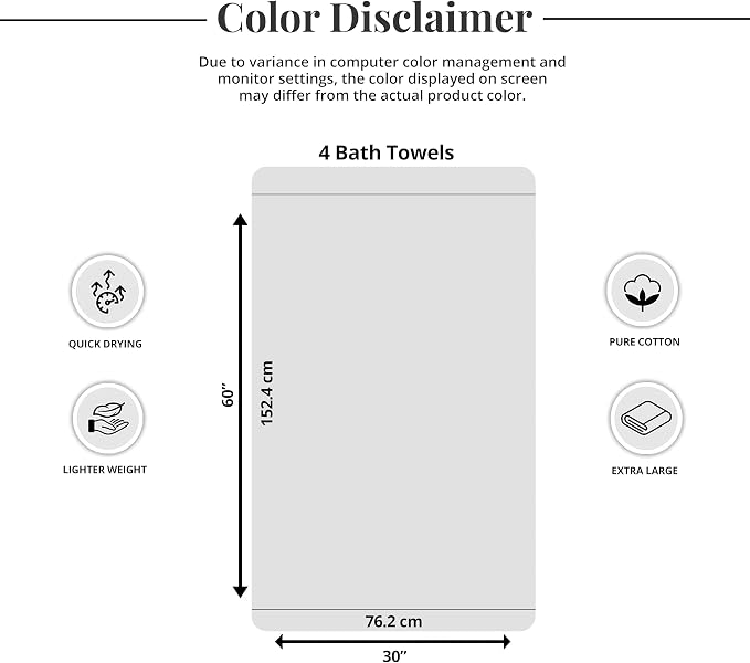 Tens Towels Pack of 4 Extra Large Bath Towels 30 x 60 Inches, 100% Cotton - Image 9