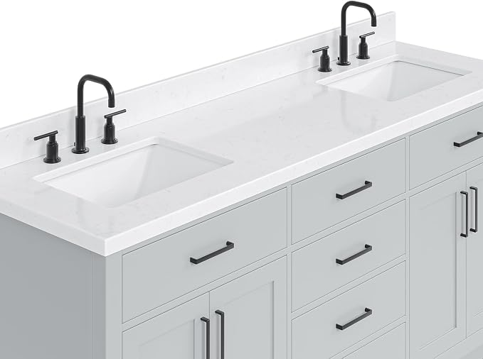 ARIEL Hepburn 72" Grey Double Vanity, 1.5" Edge Carrara Quartz Countertop & - Image 5