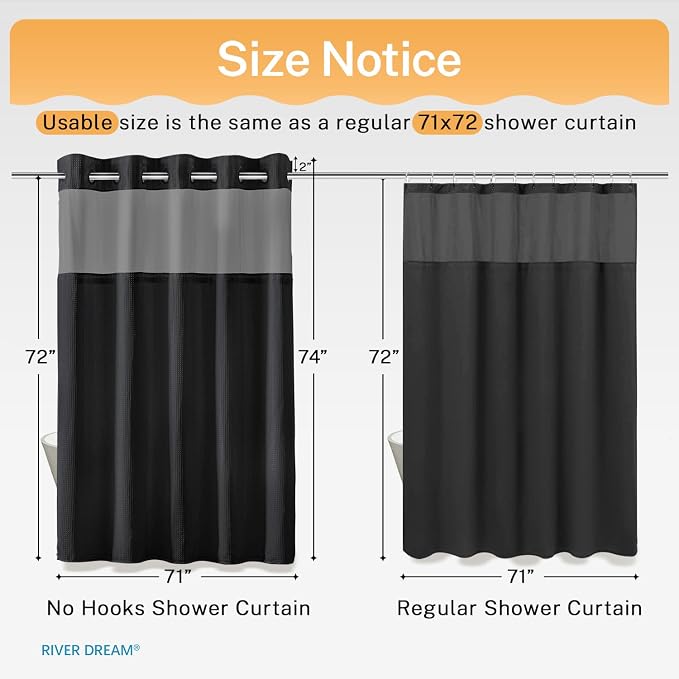 River Dream Black Shower Curain No Hooks Dotted Waffle Weave Shower Curtain - - Image 6