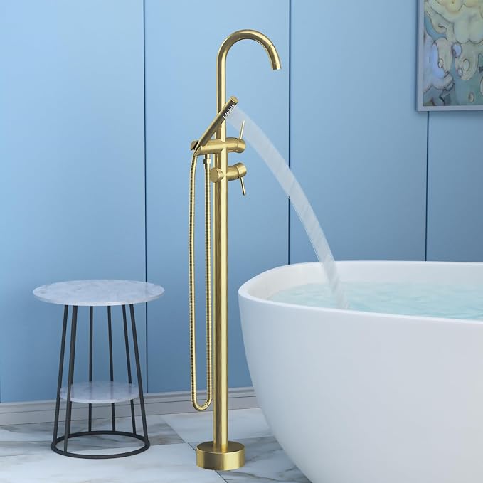 Freestanding Bathtub Faucet, Tub Filler Floor Mount Stand Bathtub Faucet Brass - Image 3