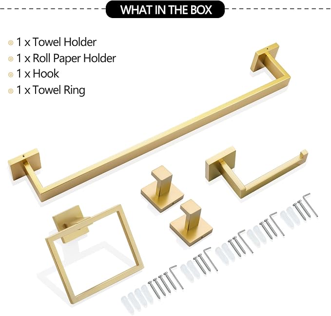 TNOMS Brushed Gold Towel Bar Set Bathroom Hardware Set, 5 Pieces Gold Bathroom - Image 7