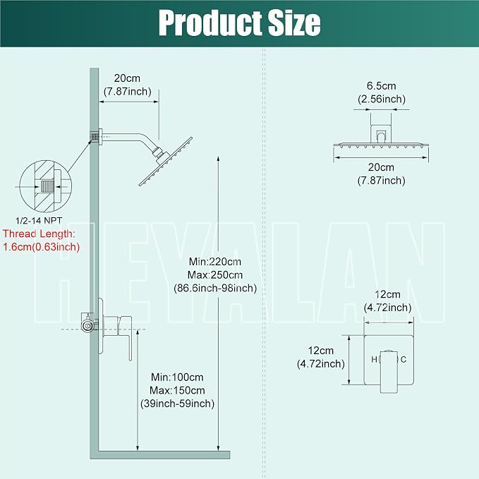 Heyalan 8 Inch Shower Head and Handle Set Square Shower Faucet Set Bathroom - Image 6