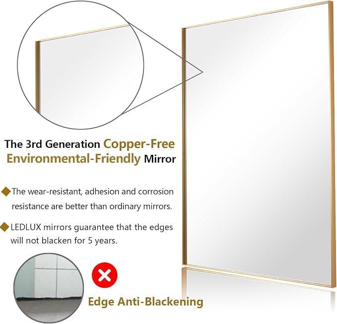 30x30 Inch Gold Bathroom Mirror, Copper-Free Mirror, Aluminum Alloy Frame - Image 2