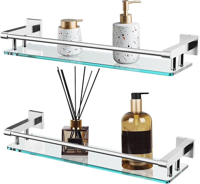 20 Inches Glass Shelf for Bathroom, Brushed Nickel Glass Shelves for Wall - Image 6