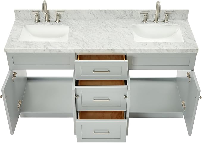 ARIEL Hamlet 67" Grey Double Bathroom Vanity, 1.5" Edge Italian Carrara Marble - Image 4