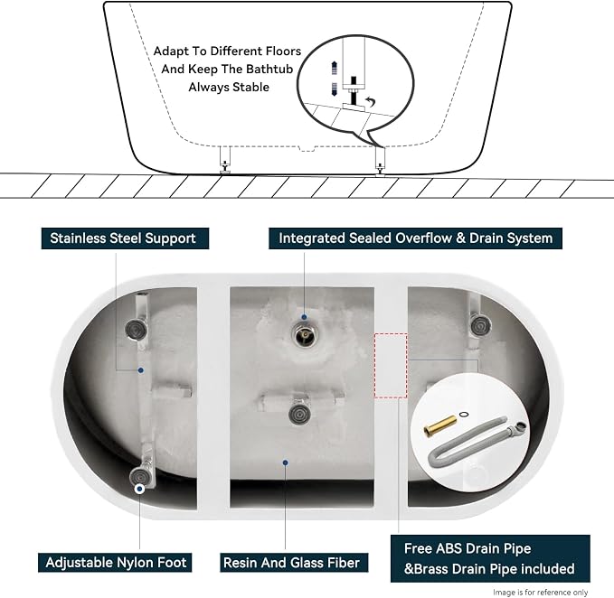 FerdY Luzon 55" Acrylic Freestanding Bathtub, Classic Oval Shape Soaking Bathtub - Image 6
