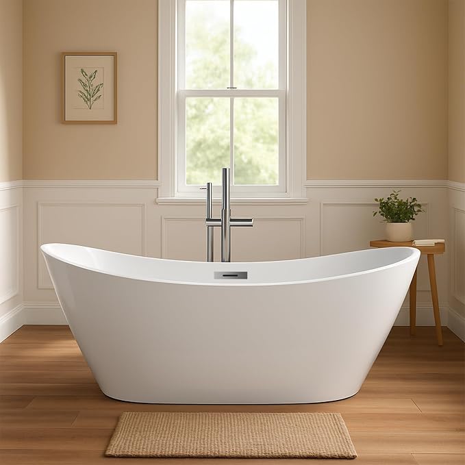 59 in Acrylic Freestanding Bathtub, Contemporary Stand Alone Tub, Glossy White by GarveeTech