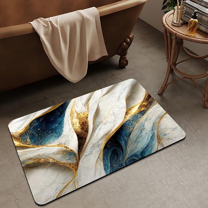Bath Mat Rug, Abstract Blue and gold marble Non Slip Quick Dry Super Absorbent - Image 3