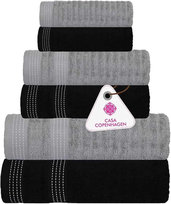 CASA COPENHAGEN® Elegance 6 Pieces Towel Set- Grey Violet + Black, 550 GSM by CASACOPENHAGEN