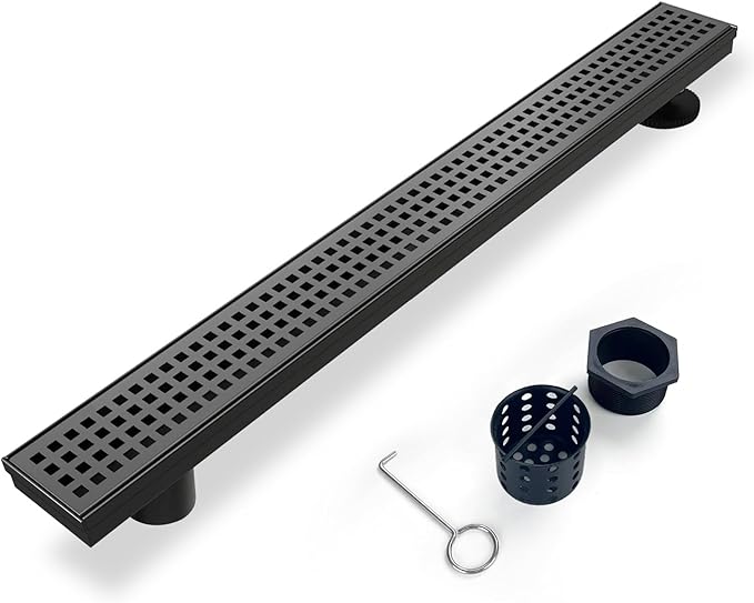 Offset Linear Shower Drain, Matte Black Shower Drain 36 inch by Elefloom
