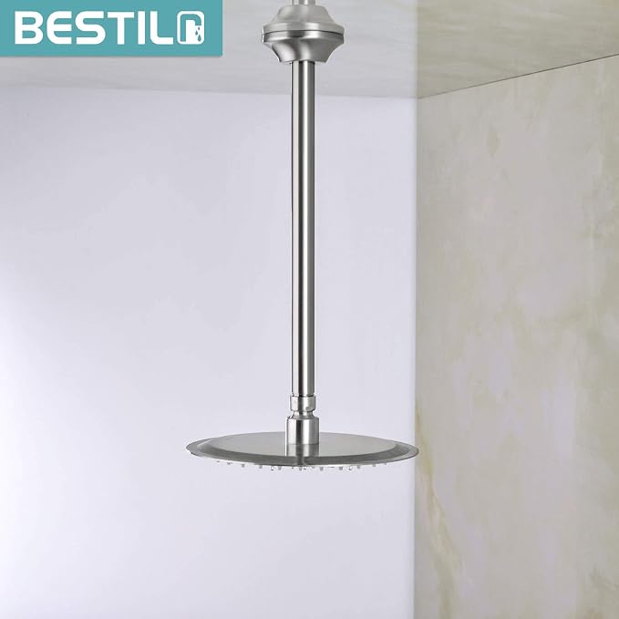 BESTILL 12 Inch Ceiling Mount Rain Shower Head Arm and Flange, Brushed Nickel - Image 2