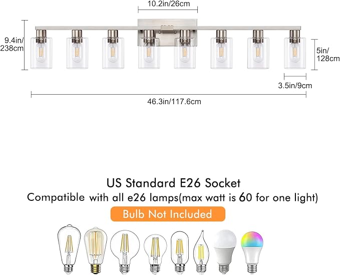 8 Light Bathroom Vanity Light, Large Brushed Nickel Vanity Lights Fixtures - Image 3