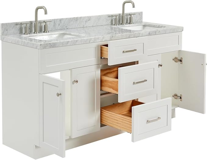 ARIEL Hamlet 67" White Double Vanity, 1.5" Edge Italian Carrara Marble - Image 4