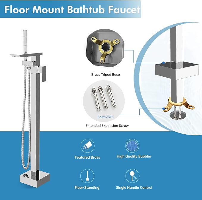 RUMOSE Polished Chrome Bathtub Filler Freestanding Tub Filler Floor Mount Tub - Image 8