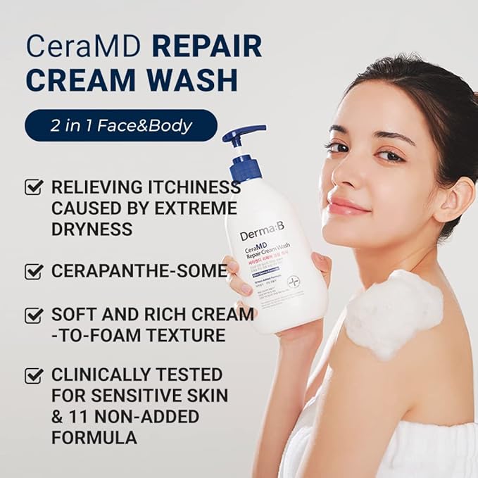 Derma B CeraMD Repair Cream Wash, Unscented Fragrance Free Creamy Face & Body - Image 2