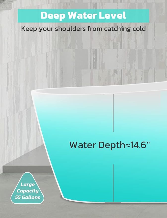 55 Inch Acrylic Freestanding Bathtub, Glossy White Contemporary Soaking Tub - Image 5