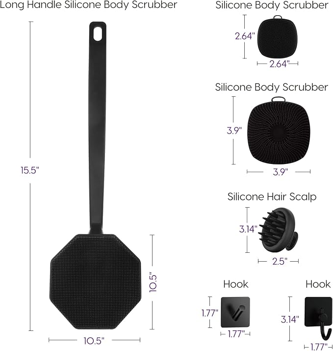 Silicone Body Scrubber Set, Includes Back & Body Scrubbers, Face Brush - Image 3