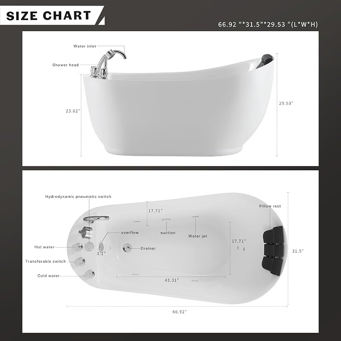 Empava 67 inch Acrylic Freestanding Whirlpool Bathtub - Image 3