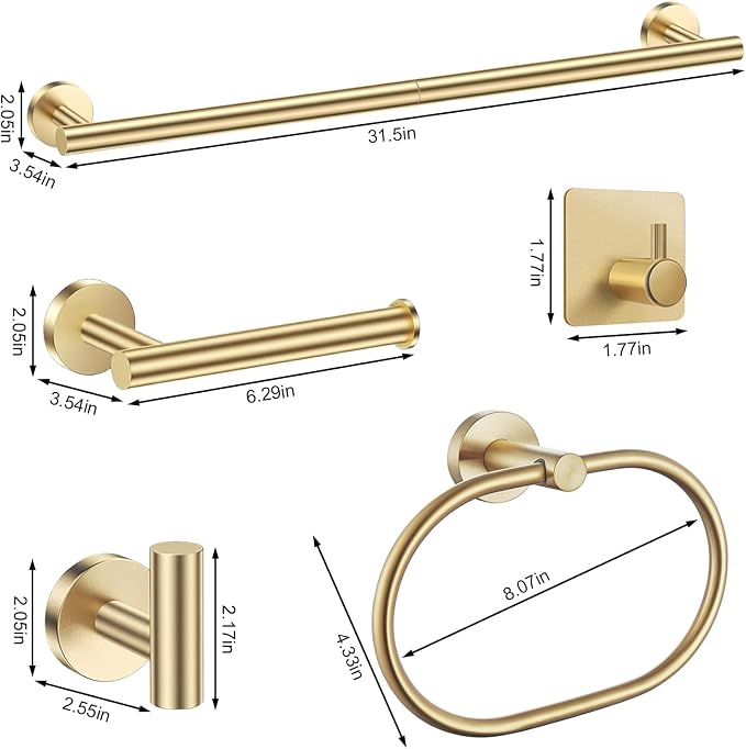 Brushed Gold Bathroom Accessories Set, 7 Pieces Gold Towel Bar Bathroom - Image 7
