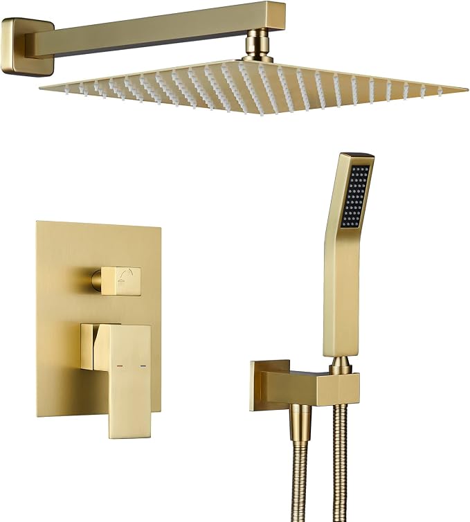 Rain Shower System 12 Inches Shower Combo Set Brushed Gold Wall Mount Faucet by ArtiquaSanitaryWare