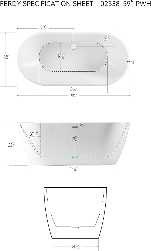 FerdY 59" Bali Acrylic Freestanding Bathtub, Gracefully Shaped Freestanding - Image 7