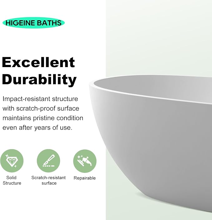 67" Premium Solid Surface Stone Resin Freestanding Bathtub, Matte White Stand - Image 8