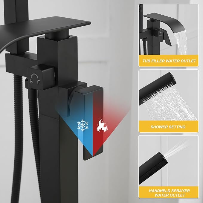 BESy Tub Filler Freestanding Bathtub Faucet Matte Black Floor Mount Tub Faucet - Image 5